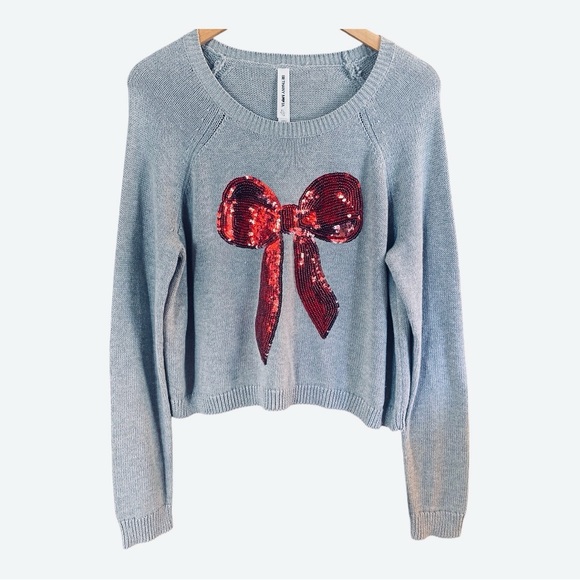 Bethany Mota Sweaters - Bethany Mota Gray Sweater Top Sequin Red Front Center Bow. Sz XL